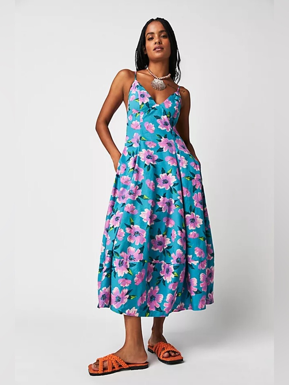 Free People Teal Maxi Dress with Pink Floral Print